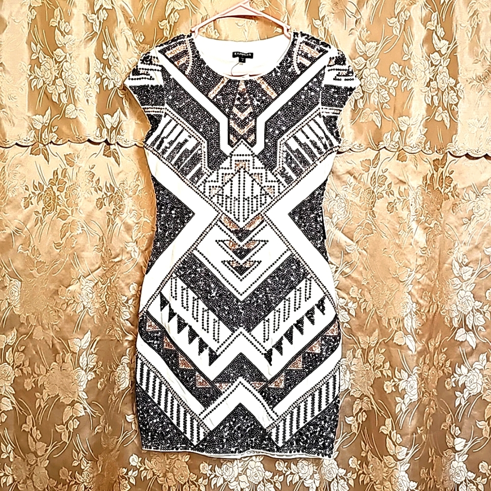 Express, SP, black, gold, and off-white, sequined dress